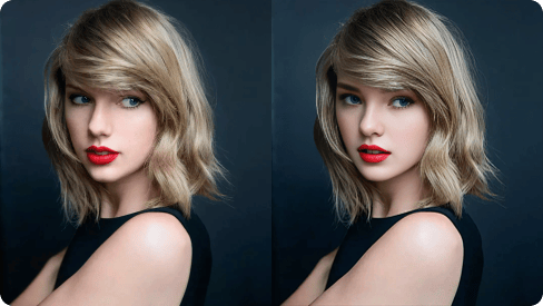 Sammenligning mellom det originale portrettet av Taylor Swift i en svart kjole med røde lepper og den ansiktsbyttede versjonen.