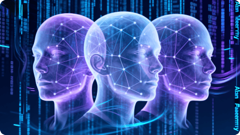 Digital illustrasjon av et lilla AI-menneskehode og et grønt AI-menneskehode med glødende blå og grønne datagrafer og alytikk, som representerer kunstig intelligens og ansiktsgjenkjenningsteknologi.
