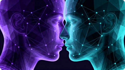 Digital illustrasjon av tre AI menneskelige hoder med datagrafer, som representerer kunstig intelligens og ansiktsgjenkjenningsteknologi.