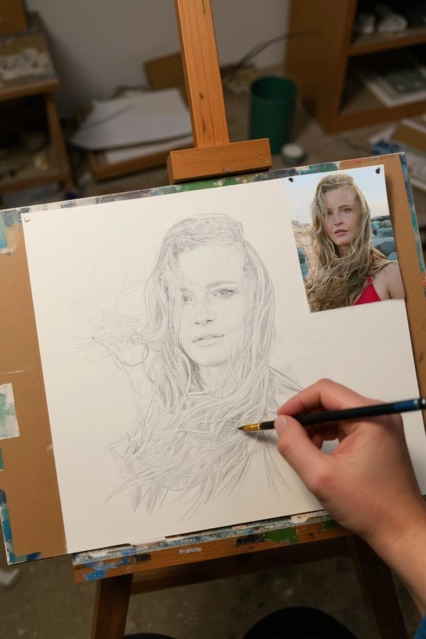 ブロンドの女性の肖像画をスケッチする画家。画板の右上隅に写真が切り取られている。