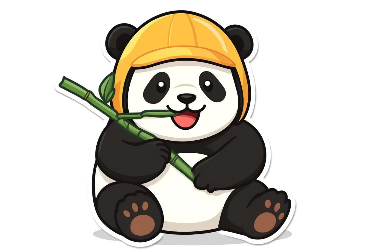 黄色いジェット帽子をかぶったかわいいパンダが竹を食べています。