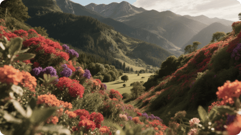 Een adembenemend uitzicht op een vallei vol levendige bloeiende bloemen, omgeven door bergen op de achtergrond onder zacht zonlicht.