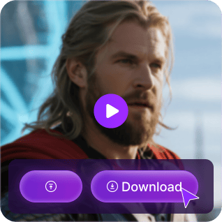 Een foto van Thor met een paarse afspeelknop-overlay en een 'download'-knop voor een sticker, gebruikt als materiaal in de video-verbeteringstutorial voor face swap.