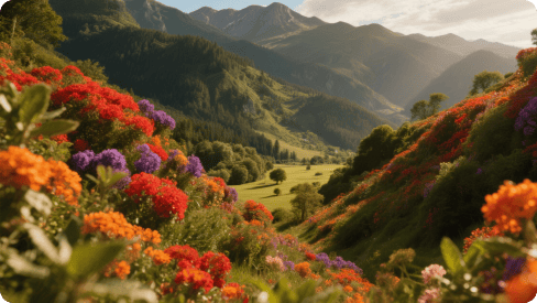 Verbeterd beeld van een adembenemend uitzicht op een vallei vol levendige bloeiende bloemen, omringd door bergen op de achtergrond onder zacht zonlicht.