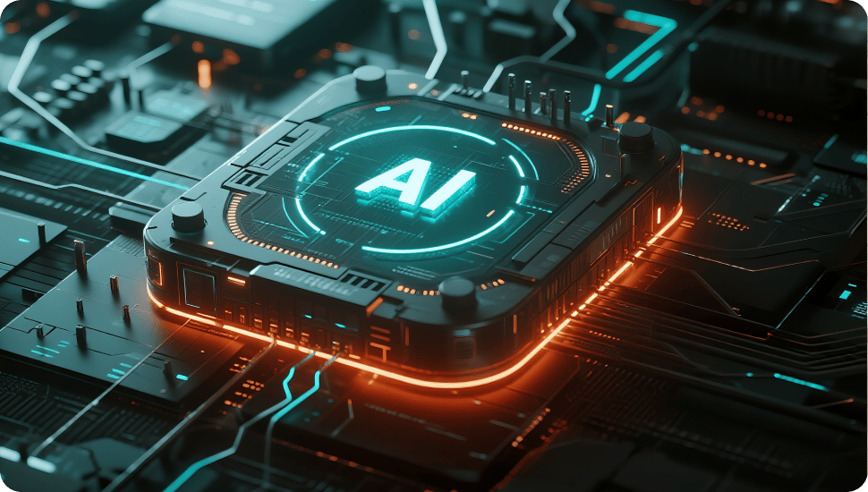 AI-chip på ett kretskort som representerar artificiell intelligensteknologi.