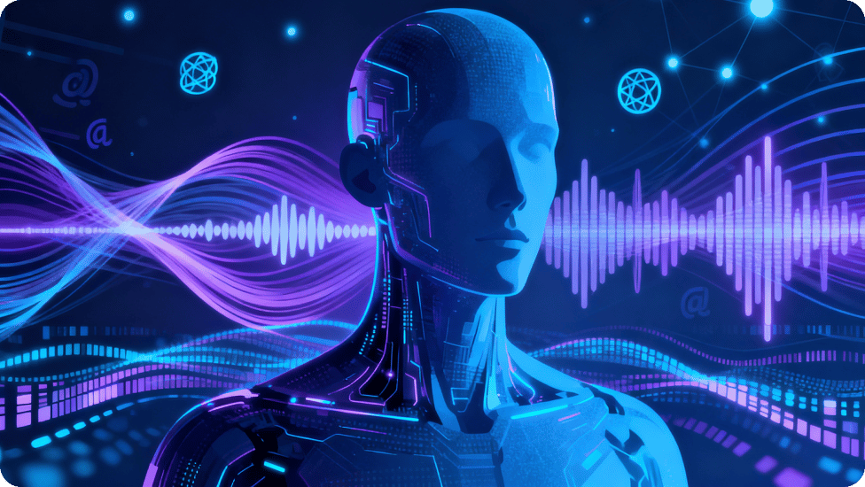 AI-robot med ljudvågor i bakgrunden.