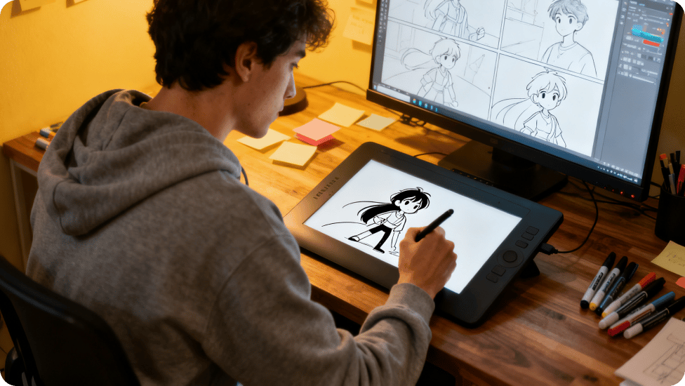Person som använder digital ritplatta för att skapa mangakonst.