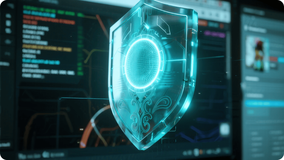 Digital sköld med ett glödande centrum framför datorskärmar.
