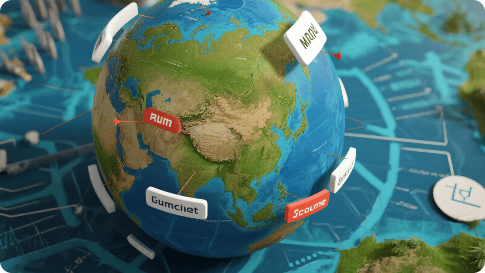 Globe på en strategisk spelliknande bakgrund.