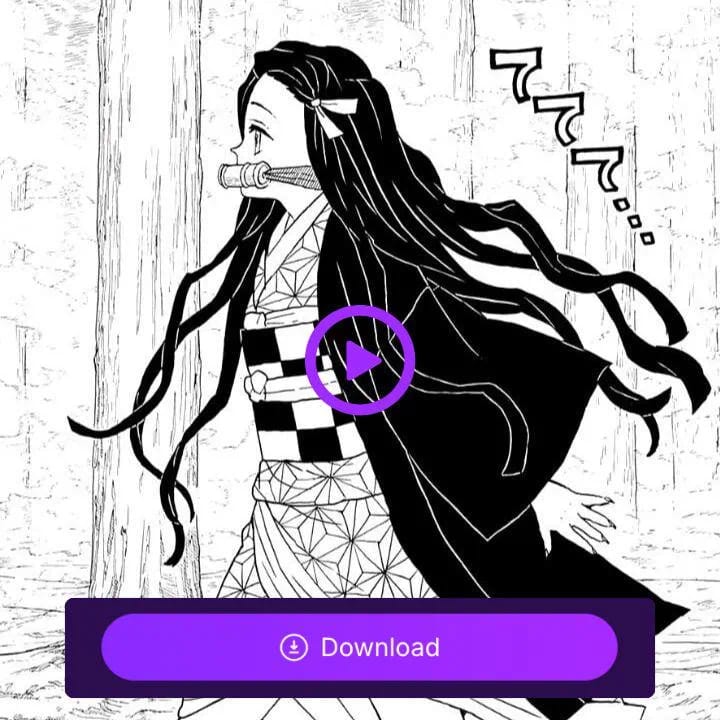 Animasyonlu manga paneli eğitimi için malzeme olarak kullanılan, üzerinde "indir" düğmesini gösteren bir çıkartma bulunan, kimono giyen, ileri doğru yürüyen uzun siyah saçlı bir kızın manga paneli.