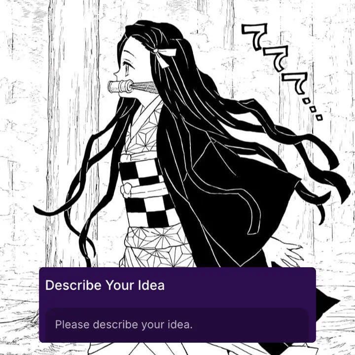 Animasyonlu manga paneli eğitimi için malzeme olarak kullanılan, komut istemine girilecek alanı gösteren bir çıkartmanın bulunduğu, ileri doğru yürüyen, uzun siyah saçlı bir kimono giyen bir kızın manga paneli.