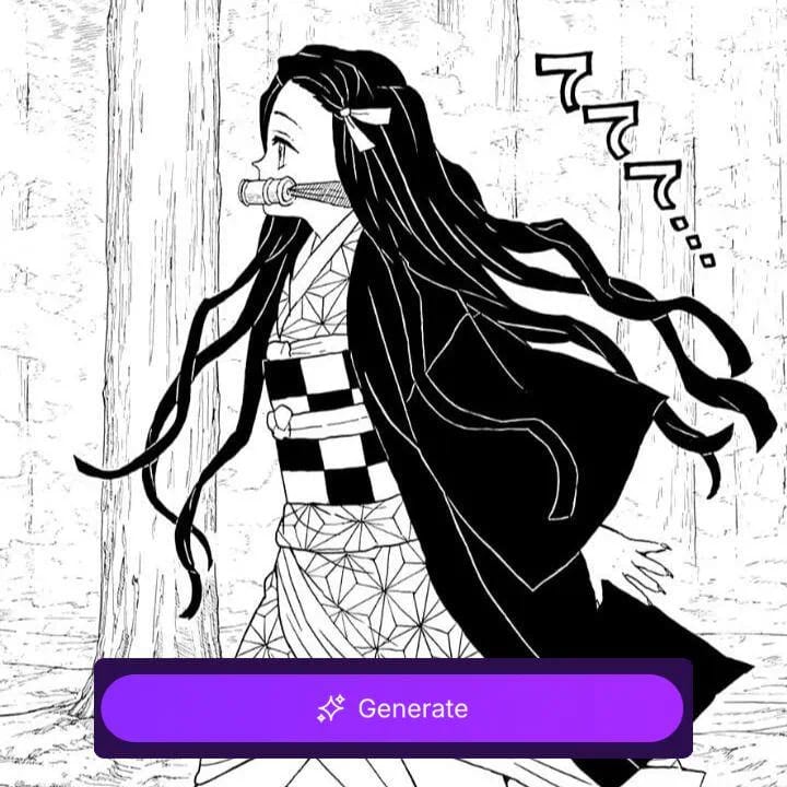 Animasyonlu manga paneli eğitimi için malzeme olarak kullanılan, "oluştur" düğmesini gösteren bir çıkartmanın bulunduğu, kimono giyen, ileri doğru yürüyen uzun siyah saçlı bir kızın manga paneli.