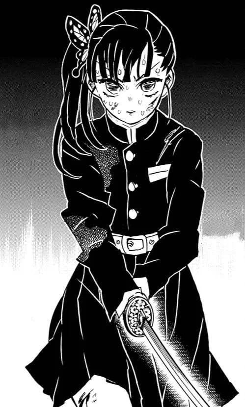 Yapay zeka animasyonu için referans olarak kullanılan, at kuyruklu ve kelebekli saç tokası olan, kılıcını tutan, gözleri nefretle dolu bir kızı gösteren Demon Slayer'dan bir manga paneli.