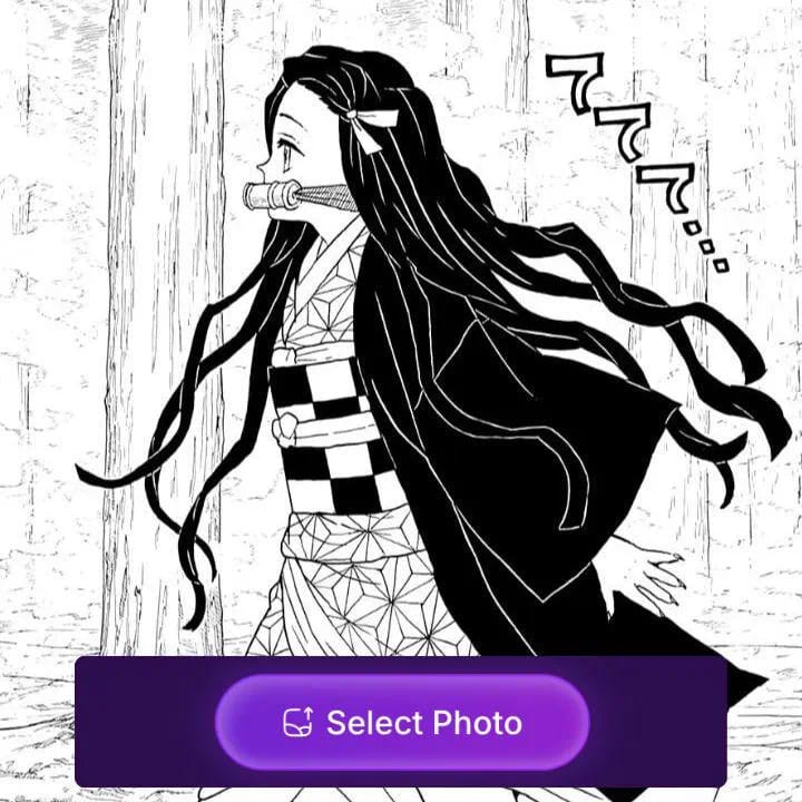 Animasyonlu manga paneli eğitimi için malzeme olarak kullanılan, "fotoğraf seç" düğmesini gösteren bir çıkartmanın bulunduğu, kimono giyen, ileri doğru yürüyen uzun siyah saçlı bir kızın manga paneli.