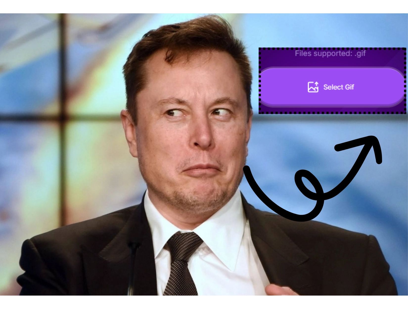 البرنامج التعليمي لـ GIF-Face-Swap الخطوة 1: يمكنك تحميل ملف GIF الذي تريد تبديل الوجوه فيه. يتميز ملف GIF المضحك هذا بـ Elon Musk وهو يقوم بتعبير مبتسم.