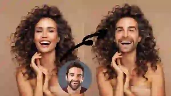 À gauche, il y a une jolie fille souriante aux cheveux noirs ondulés, et après avoir échangé des visages avec SwapFace à droite, ses cheveux ondulés et son sourire restent les mêmes !