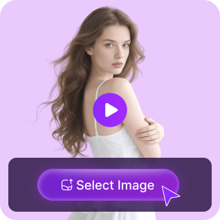 Une femme aux longs cheveux ondulés vêtue d'une robe blanche, avec un bouton de lecture violet superposé et un bouton « sélectionner la vidéo », utilisé comme matériau dans le didacticiel vidéo d'échange de visage.