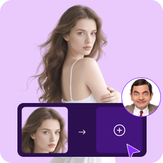 Une femme aux longs cheveux ondulés vêtue d'une robe blanche, avec un autocollant montrant le processus d'échange de visage, utilisé comme matériau dans un didacticiel vidéo d'échange de visage.