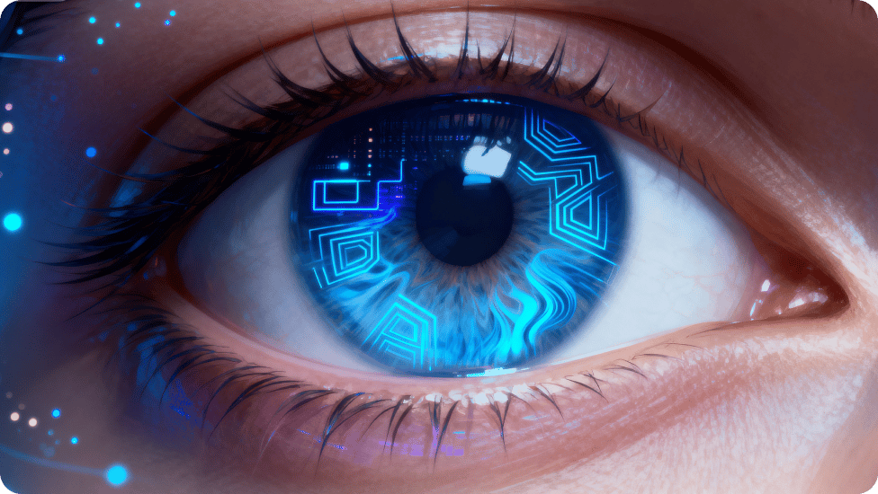 Nahaufnahme eines blauen menschlichen Auges mit detaillierter Irisstruktur, umgeben von blauen futuristischen Elementen.