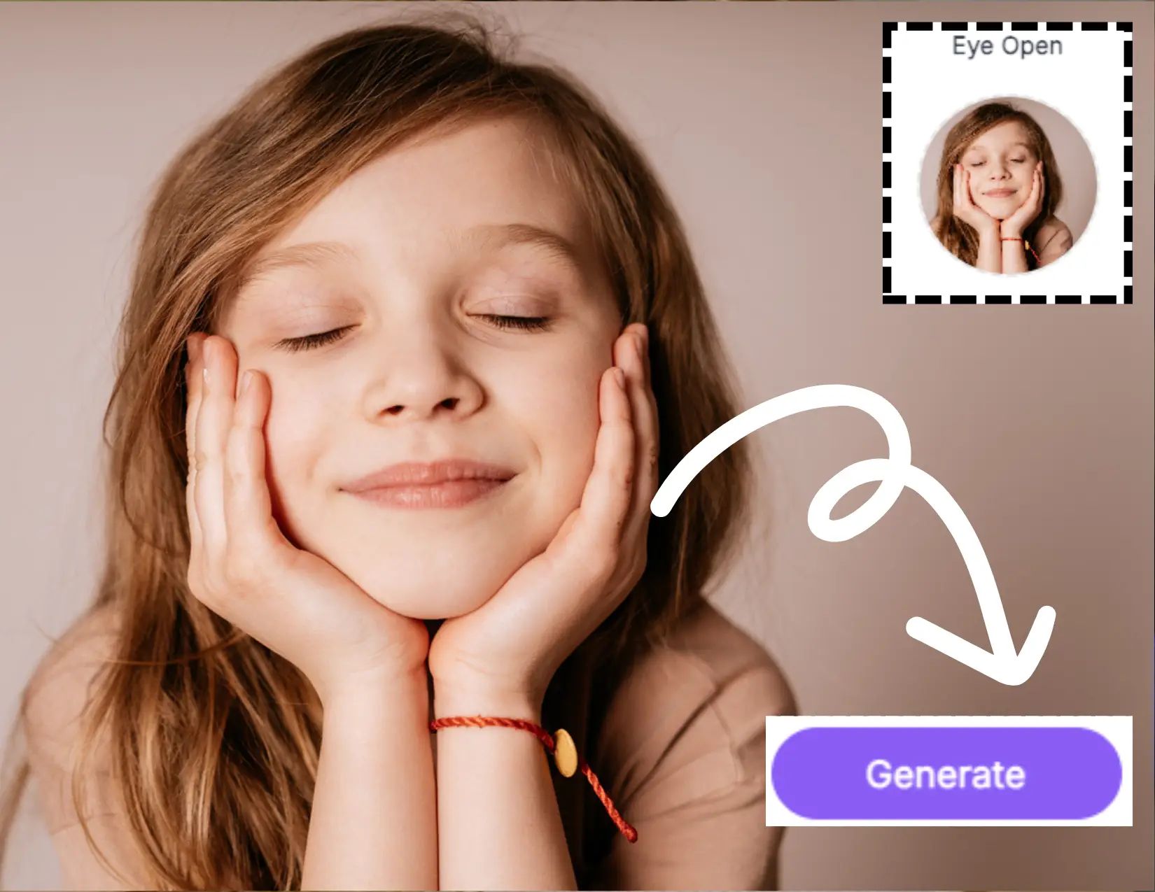 Dies sind offene Augen im Foto Schritt 2. Das KI-Tool erkennt automatisch das Gesicht auf dem Foto. Klicken Sie auf die Schaltfläche „Generieren“, um mit der Korrektur der geschlossenen Augen des kleinen Mädchens zu beginnen.