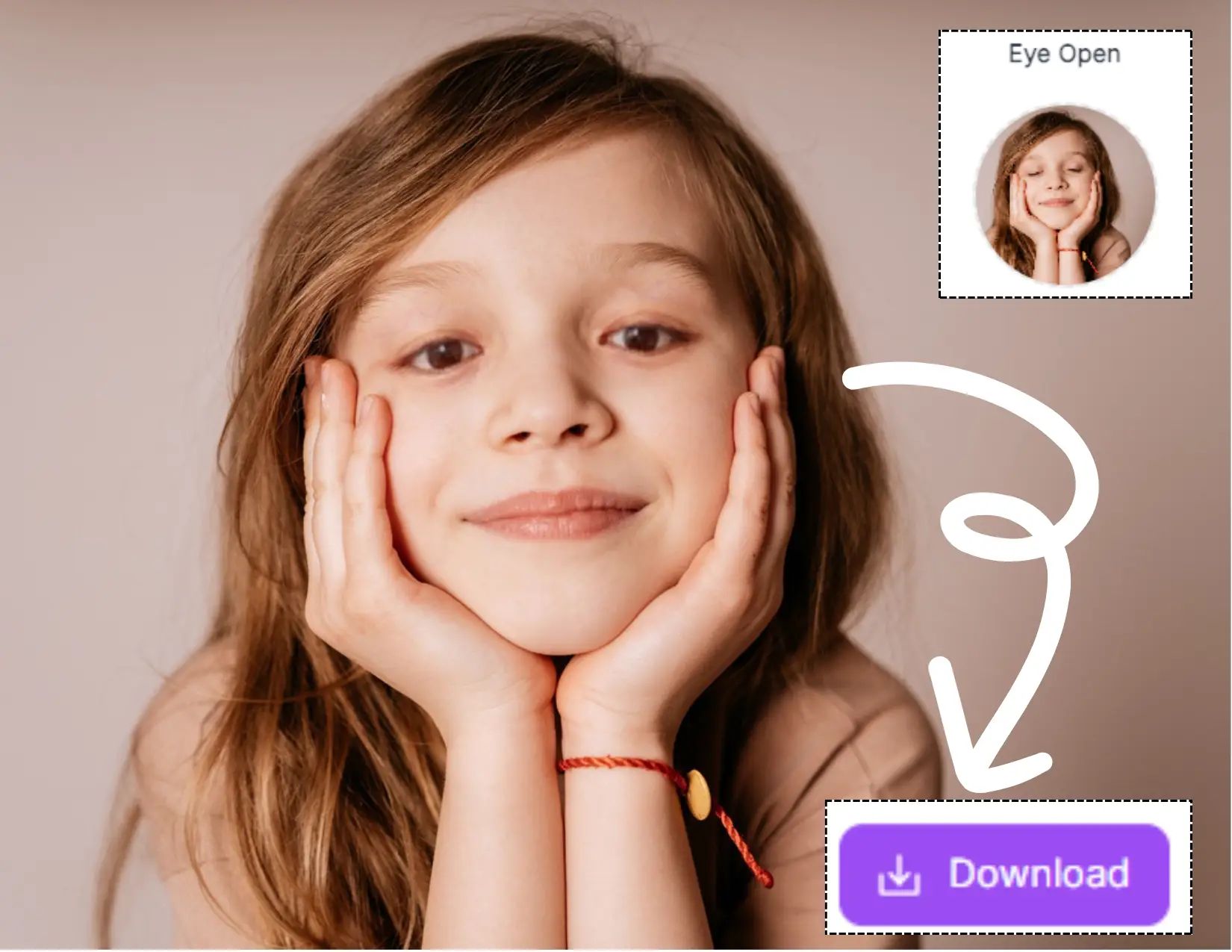 Dies sind offene Augen im Foto Schritt 3. Sobald das Foto verarbeitet ist, können Sie auf klicken, um das Foto des kleinen Mädchens mit offenen Augen herunterzuladen.