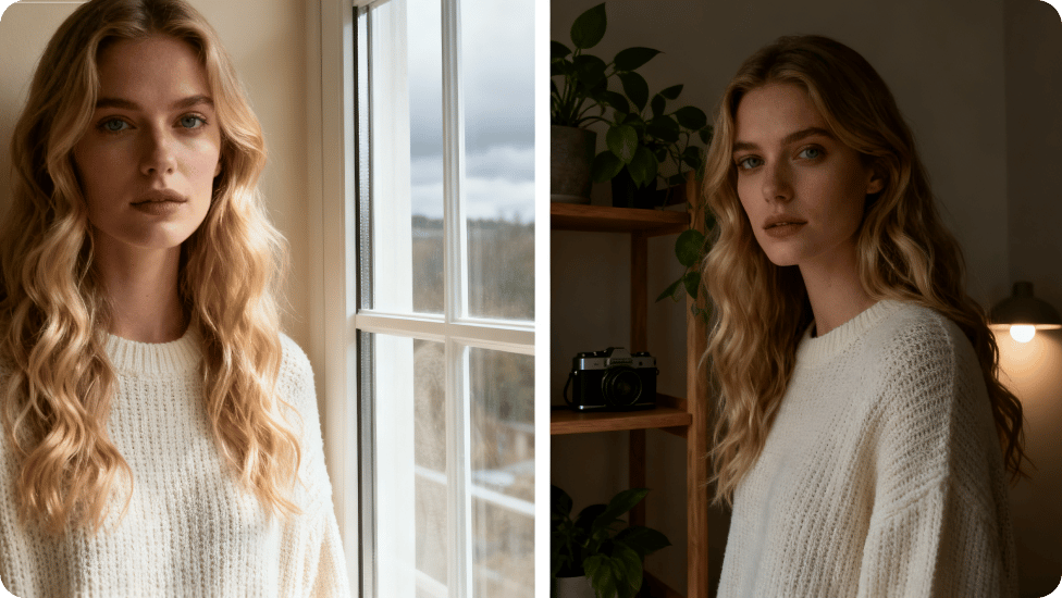 Zwei nebeneinander liegende Bilder einer Frau mit langen, welligen blonden Haaren, die einen cremefarbenen Pullover trägt, linkes Bild an einem hellen Fenster, rechtes Bild in einem Raum mit gedämpfter Beleuchtung.