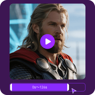 Une image de Thor avec un bouton de lecture violet et un autocollant indiquant la durée de la vidéo, utilisé comme matériau dans un didacticiel d'échange de visage vidéo illimité.