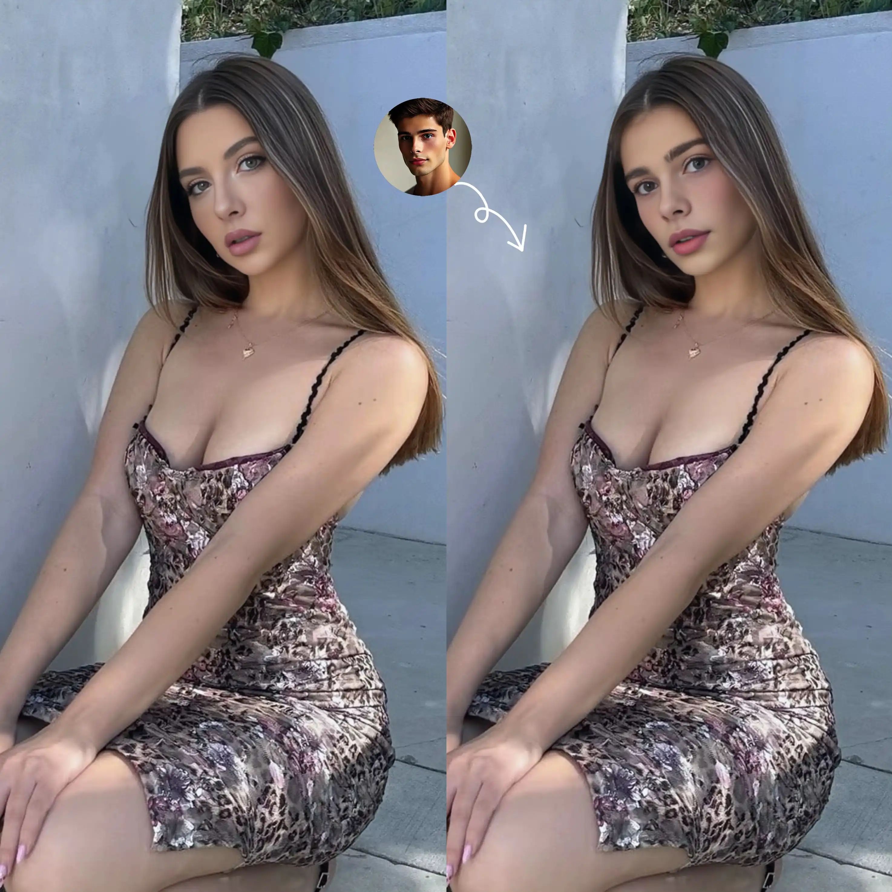 Remplacez le visage de l'homme par le visage d'une belle femme en robe.