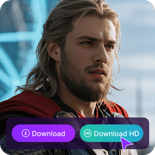 Une image de Thor échangée avec un visage avec un bouton violet « télécharger » et un bouton vert « télécharger HD », utilisée comme matériau dans un didacticiel vidéo illimité d'échange de visage.