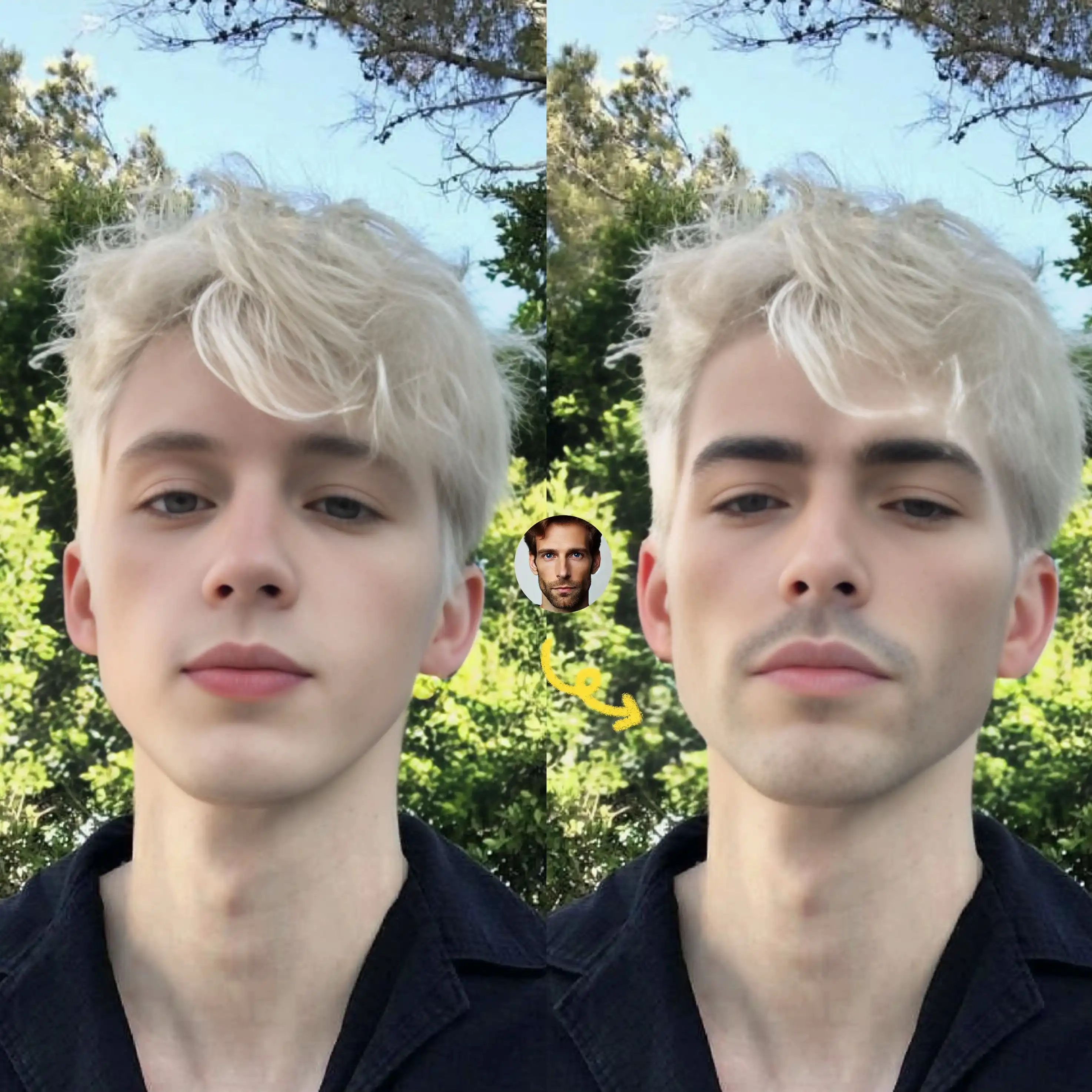 Avant et après l'échange de visage d'un homme avec Troye Sivan.