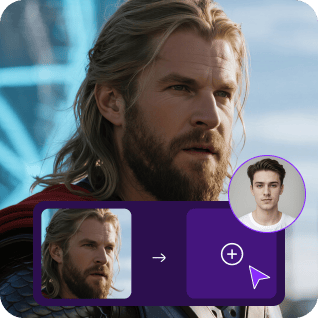 Une photo de Thor avec un autocollant montrant le processus d'échange de visage vidéo illimité, utilisé comme matériau dans un didacticiel d'échange de visage vidéo illimité.