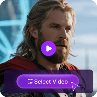 Une image de Thor avec un bouton de lecture violet superposé et un bouton « sélectionner la vidéo », utilisé comme matériau dans un didacticiel d'échange de visage vidéo illimité.