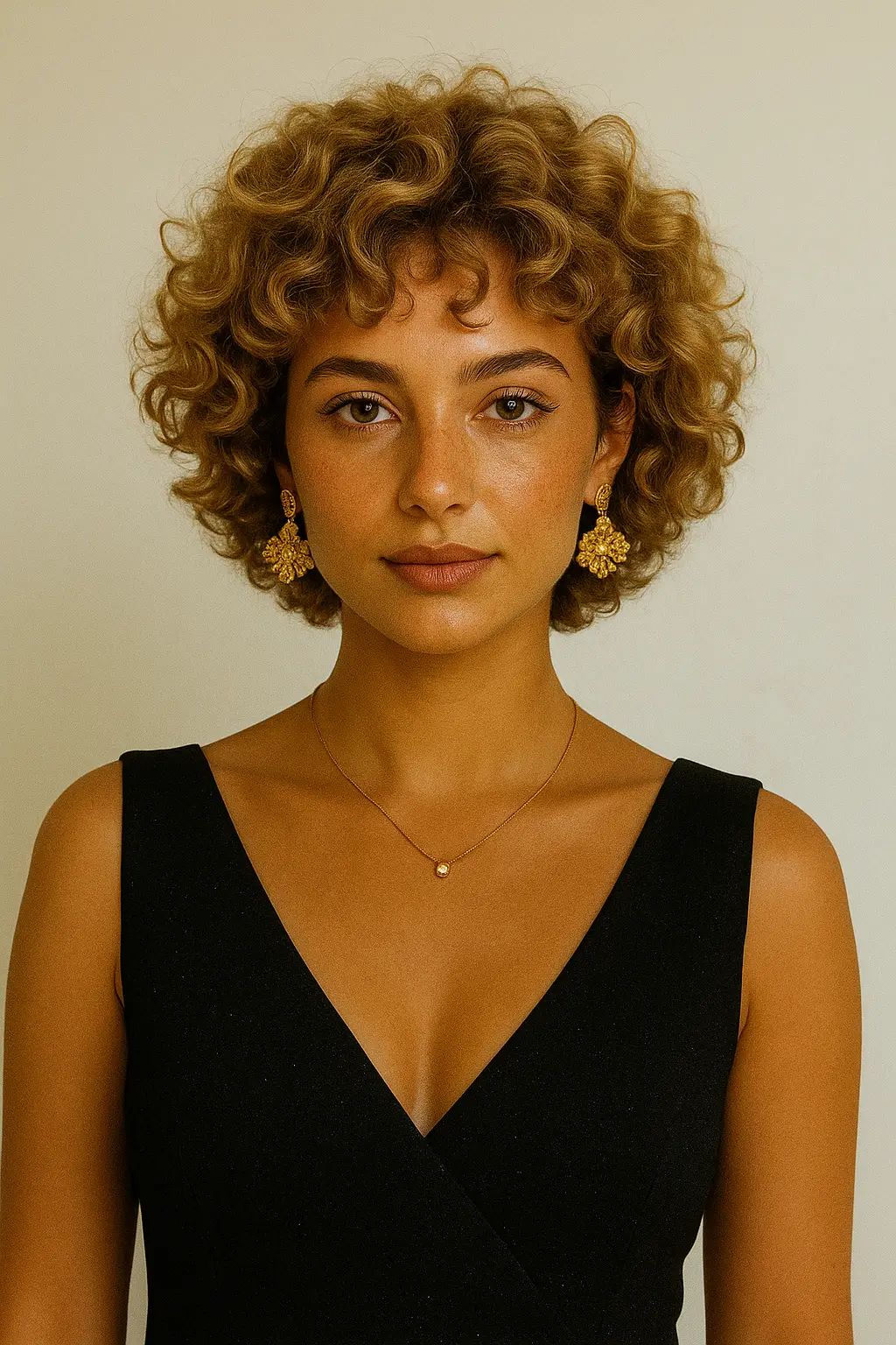 Obszerny, krótki, kręcony bob z grzywką, naturalny i swobodny z nowoczesnym akcentem retro.