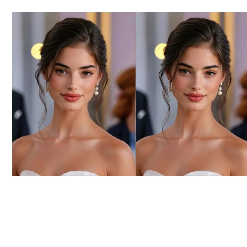 Eine Frau in einem Hochzeitskleid, deren Bild mithilfe eines AI-Bildverstärkers verbessert wurde, wodurch das Bild schärfer wird.
