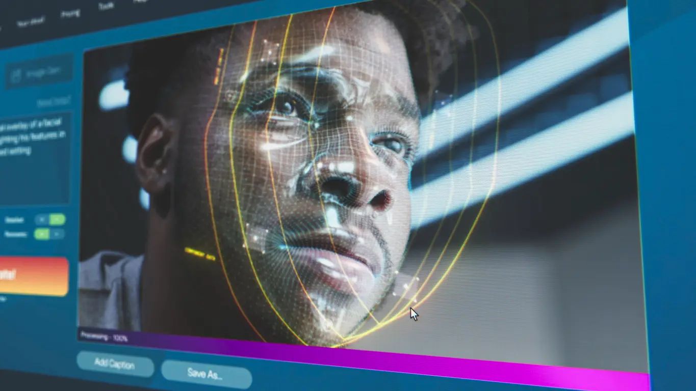 En hanns hode blir analysert av AI, med en 3D-hodekontur på bildet.