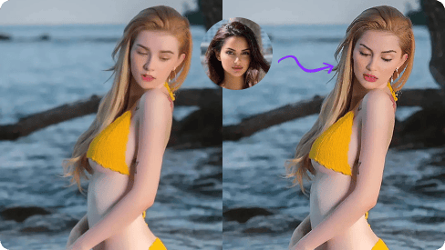 Comparison between the original girl in yellow bikini and the face-swapped one.