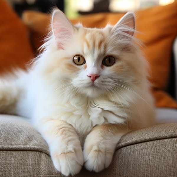 Portrait of a long-haired orange cat sitting on a couch.