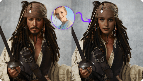 Comparison between the original Pirates of the Caribbean and the face-swapped version.