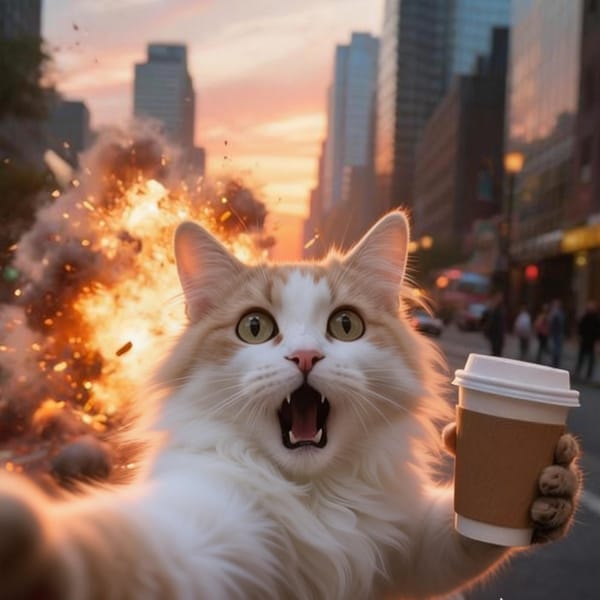 AI-generated image of a long-haired orange cat holding a cup of coffee with shocked expression as an explosion happened behind it.