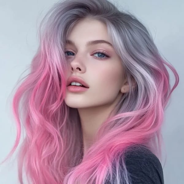 Portrait of a woman with grey hair with a pink tint.