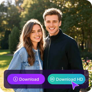A photo of a couple with a purple 'download' button and a green 'download HD' button, used as a material in multiple face swap tutorial.