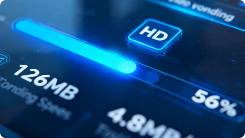 Close-up of a digital progress interface with a glowing blue bar, 'HD' button, and data metrics like '126 MB' and '56%', representing download status in face swap.