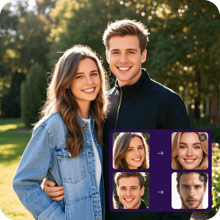 A photo of a couple with a sticker showing multiple face swap process, used as a material in multiple face swap tutorial.