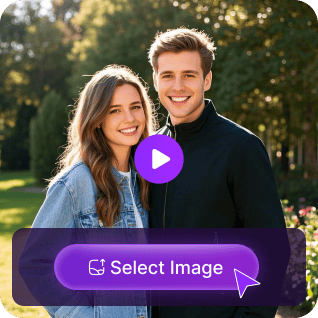A photo of a couple with a purple play button overlay and a 'select video' button, used as a material in multiple face swap tutorial.