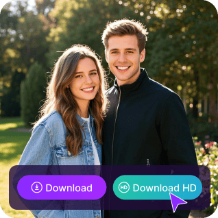 Uma foto de um casal com um botão roxo de 'download' e um botão verde de 'download HD', usado como material no tutorial de troca de rostos múltiplos.