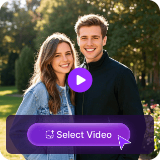 Uma foto de um casal com uma sobreposição de botão play roxo e um botão 'selecionar vídeo', usado como material no tutorial de troca de rostos múltiplos.