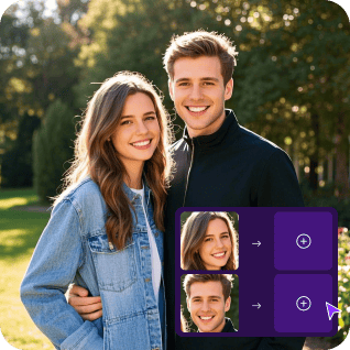 Foto de um casal com um adesivo mostrando o botão de troca de múltiplos rostos, usado como material no tutorial de troca de múltiplos rostos.