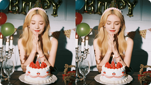 Comparaison entre une fille blonde faisant un vœu avec un gâteau d'anniversaire devant elle et la version avec visage échangé.