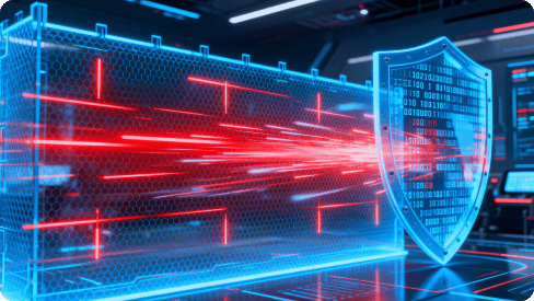 Illustration numérique de flux de données rouges se précipitant vers un bouclier bleu dans un environnement technologique futuriste, démontrant la protection de la vie privée et de la cybersécurité.