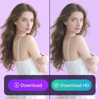 Comparaison entre la femme d'origine vêtue d'une robe blanche et la femme au visage échangé vêtue d'une robe blanche, avec un bouton violet « télécharger » et un bouton vert « télécharger HD », utilisés comme matériau dans le didacticiel vidéo d'échange de visage.